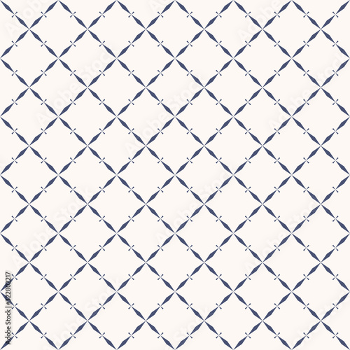 Vector abstract geometric seamless pattern with grid, lattice, net, diagonal cross lines, rhombuses, repeat tiles. Elegant ornament texture in oriental style. Luxury navy blue and white background