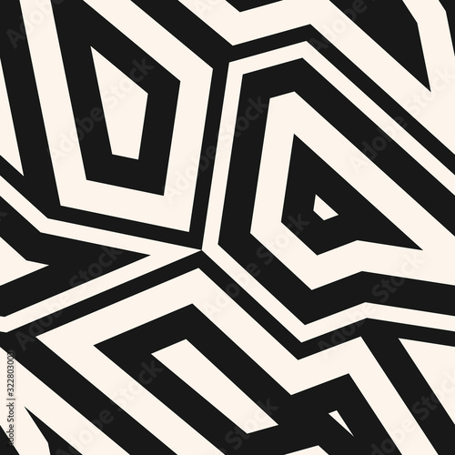 Black and white geometric seamless pattern. Vector abstract background with geometrical mosaic elements, angular shapes, broken lines. Simple monochrome texture. Repeat design for decor, prints, wrap