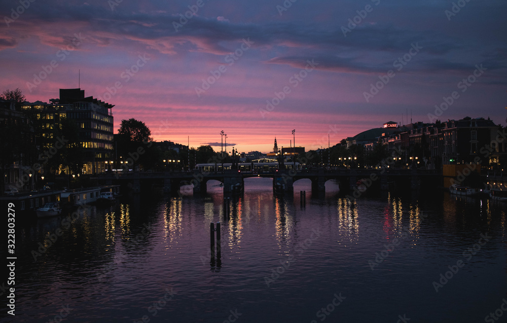 Amsterdam sunset over the Amstel bridge
