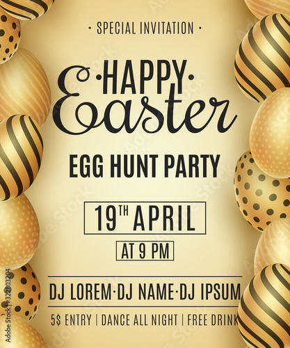 Easter party flyer. Golden eggs with a pattern. DJ and club name. Invitation greeting card. Festive template. Egg hunt. Vector illustration