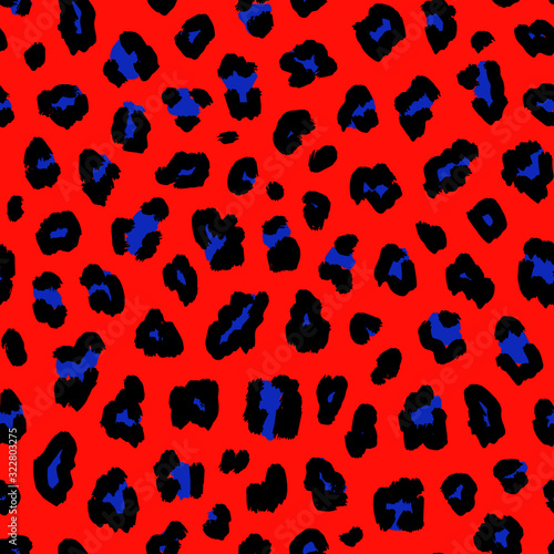 Leopard print pattern. Vector seamless background. Animal skin texture in retro 1980s - 1990s fashion style, trendy neon colors, red, blue and black. Vibrant pop art pattern. Bright repeat design 