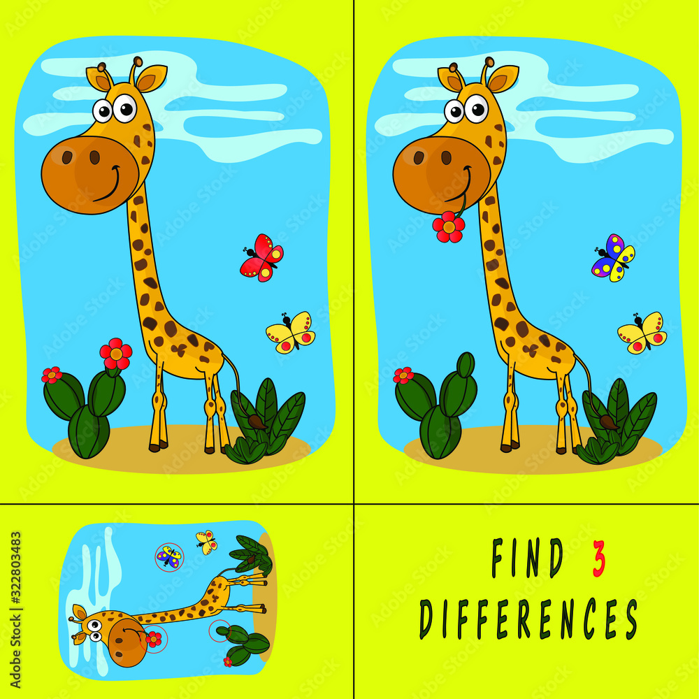 Funny giraffe in the desert. Find 3 differences. A game for developing ...