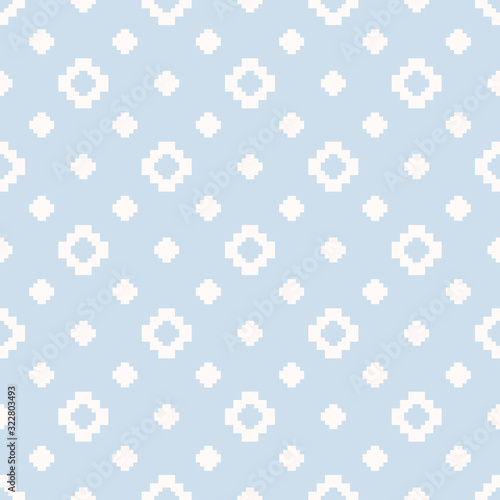Vector minimalist floral geometric seamless pattern. Subtle repeat texture with small flower silhouettes, snowflakes, squares. Light blue and white background. Ethnic folk motif. Winter holiday design