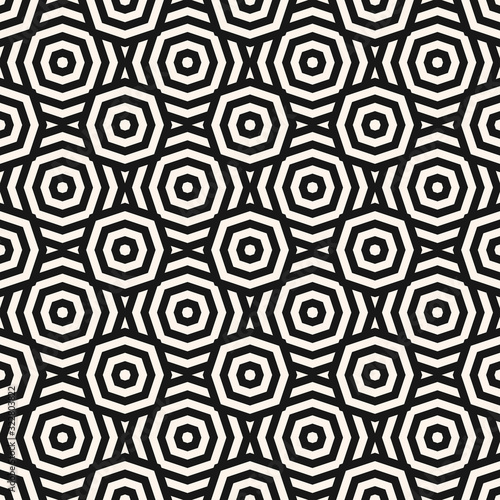 Vector geometric seamless pattern. Abstract monochrome linear texture with lines, stripes, octagon shapes, circles, grid, repeat tiles. Simple black and white graphic background. Modern geo ornament