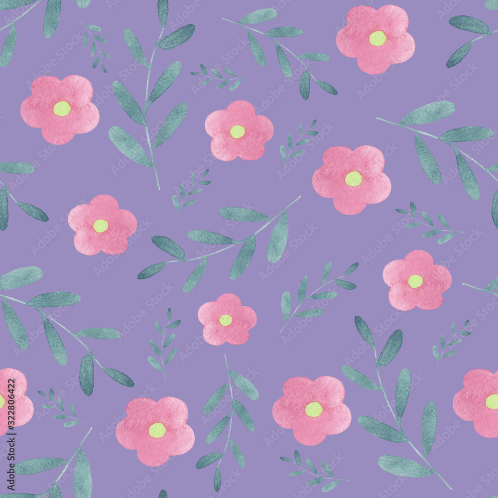 Decorative seamless pattern with pink flowers on a lilac background. Beautiful floral background of watercolor sketches for decoration and decoration