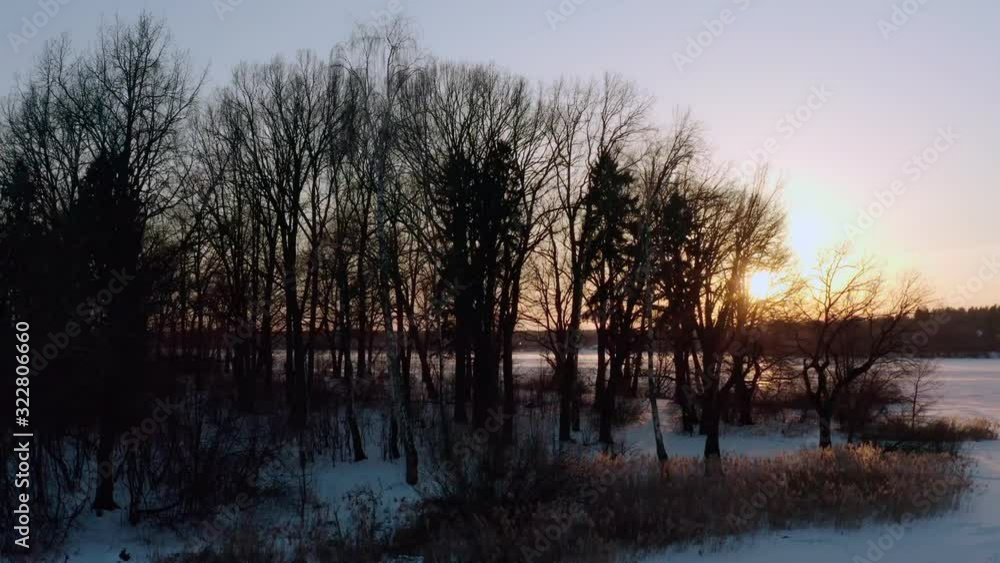The view from the drone on a winter landscape, a frozen lake and the surrounding forest The view from the drone on a winter landscape, a frozen lake and the surrounding forest