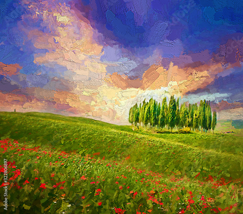 Colorful evening sunset with famous group of cypress tress and red poppy flowers on the rolling hills in summer time at Tuscany, Italy.- oil painting.