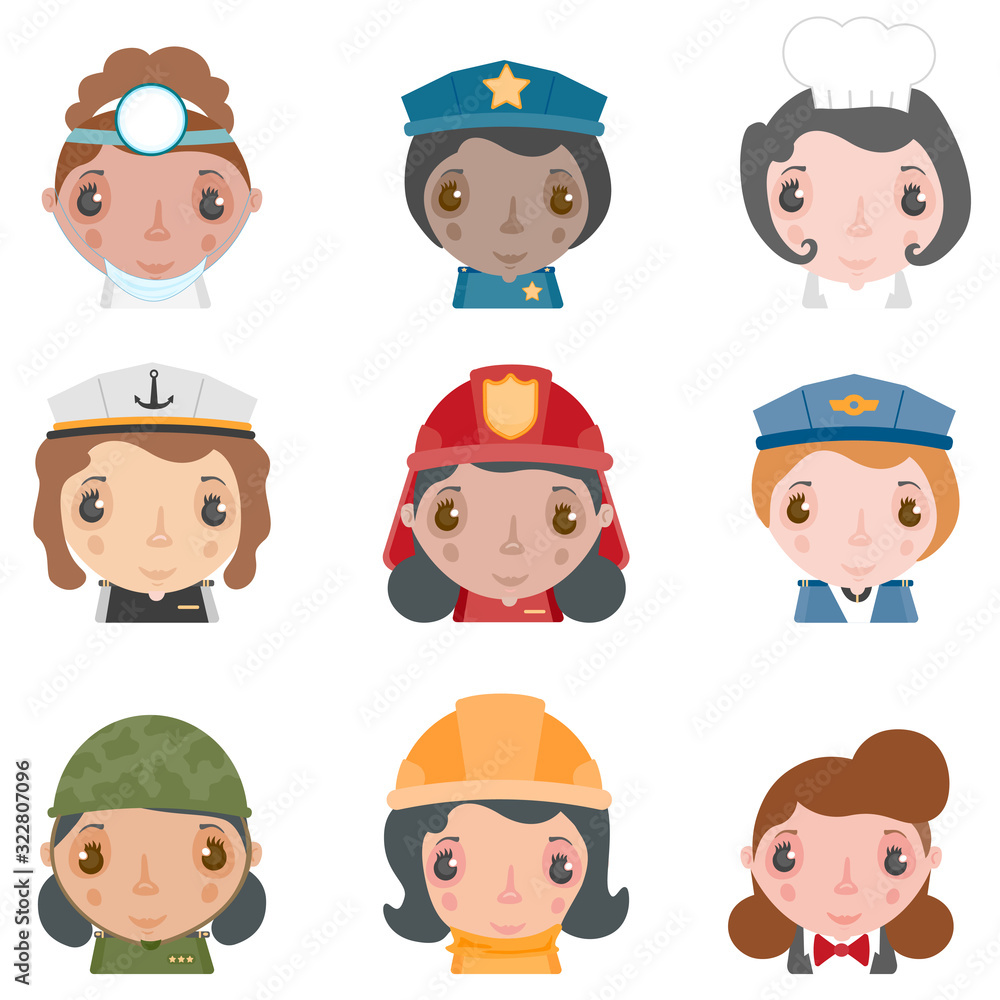 Vector illustration of female professions and business collection. Vector illustration of female professions and business collection.