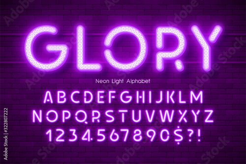 Neon light 3d alphabet, extra glowing modern type.