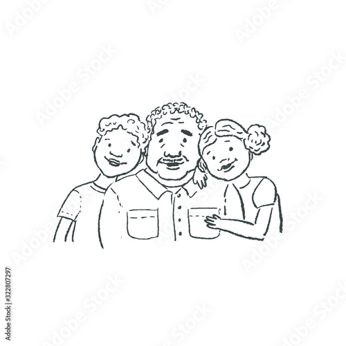 Black and white drawing of grand parents and grand children.