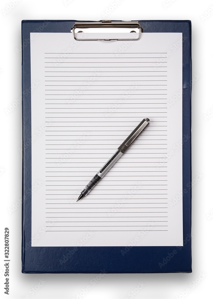 Straight on view of a blue clip board, and lined white paper, with a pen, isolated on white