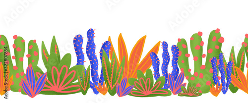 Cactus seamless vector border. Cacti in bright colors repeating pattern. Modern nature repeated texture with green blue orange plants. Natural hand drawing design with desert plants. Coral reef .