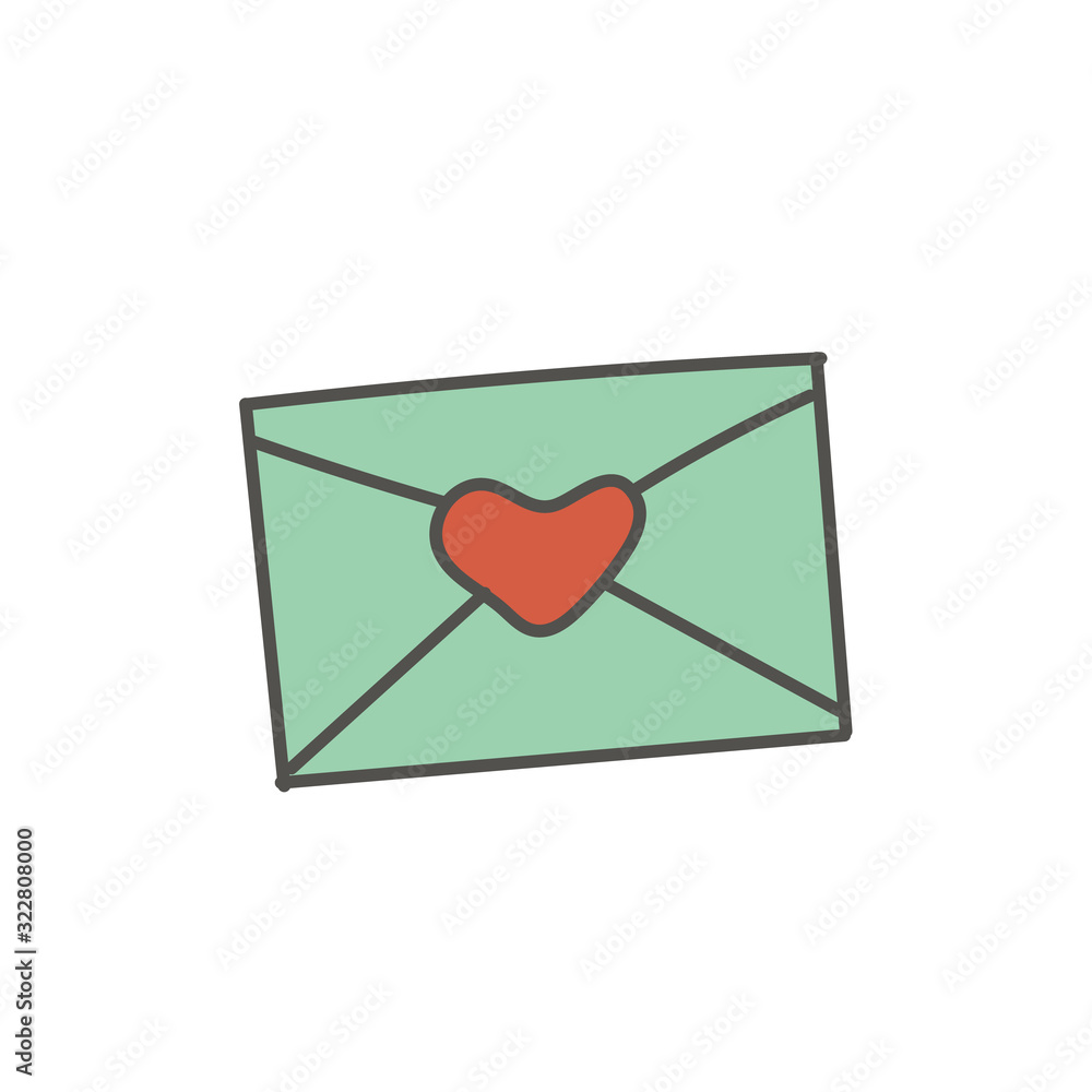 Love letter envelope with a heart. Hand-drawn design. Vector editable illustration