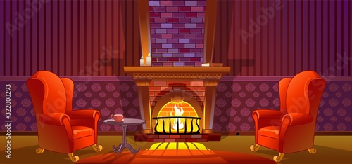 Home interior with fireplace and armchair
