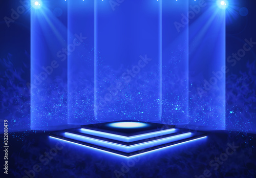 Illuminated stage with scenic lights and smoke. Blue vector spotlight with smoke volume light effect on black background. Stadium cloudiness projector. Mist show room. Vector. EPS 10