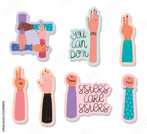 Hands and texts stickers set of women empowerment vector design