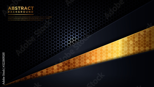 Abstract modern dark blue and gold futuristic background. Abstract dark gray hexagon mesh in blue triangle gold line design modern futuristic background vector illustration