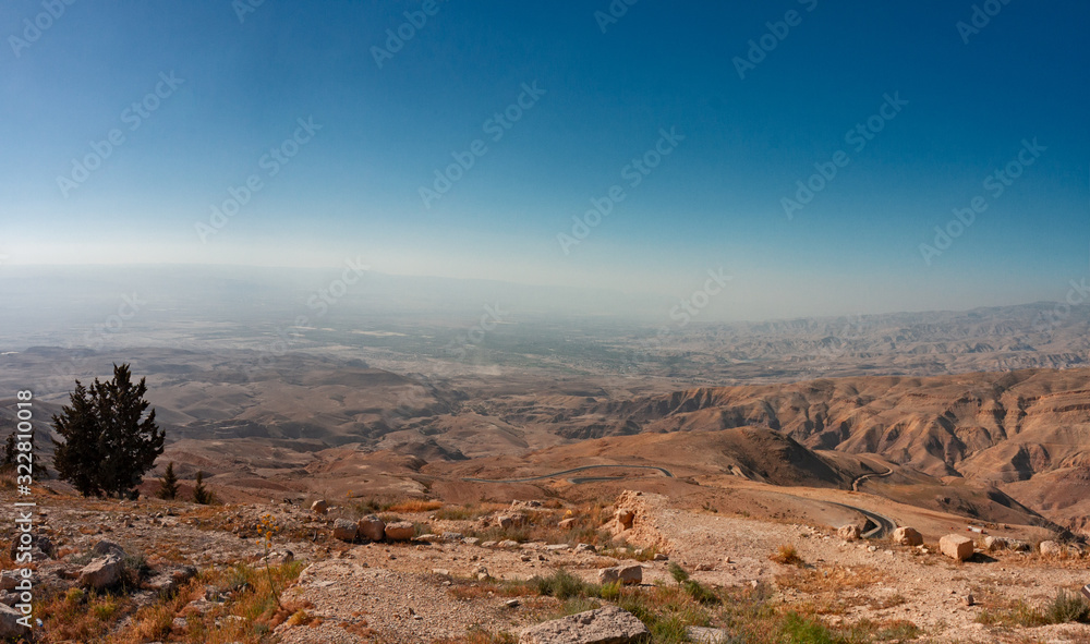 Panoramic view of the rocky desert in the area of ​​the archaeological site of Al-Karak in Jordan.