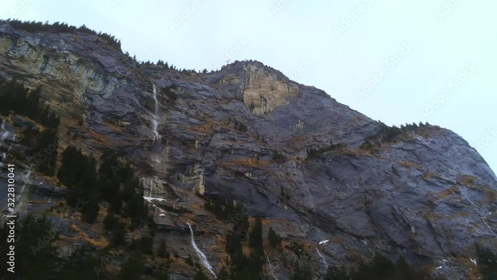 Small waterfalls on the mountains of the Swiss Alps - aerial photography Small waterfalls on the mountains of the Swiss Alps - aerial photography