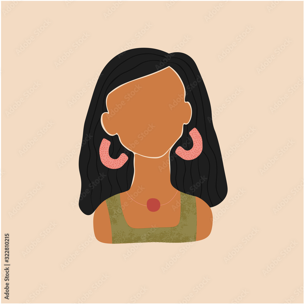 Cartoon hand painted young woman portrait. Abstract girl character digital illustration.