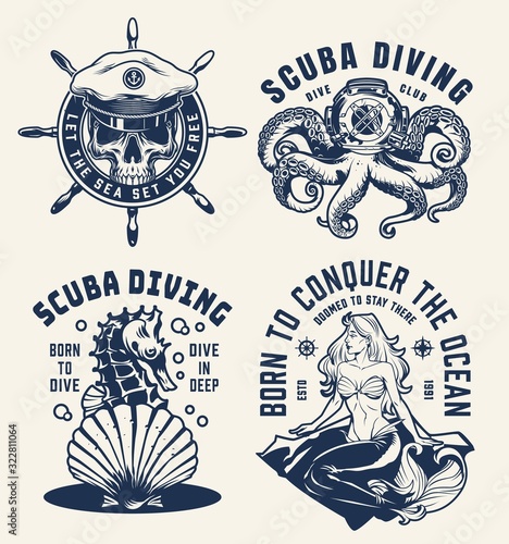 Vintage scuba diving and nautical emblems