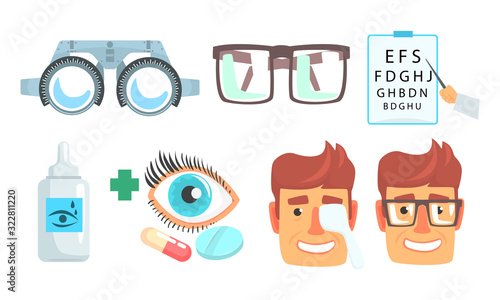 Ophthalmologist Diagnostic, Treatment and Correction of Vision Collection, Ophthalmology and Oculist Instruments Vector Illustration