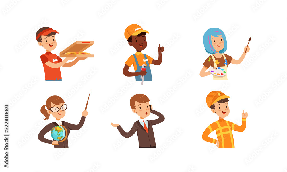 Children of Different Professions Set, Cute Boys and Girls Characters, Pizza Courier, Handyman, Artist, Teacher, Businessman, Fireman Vector Illustration