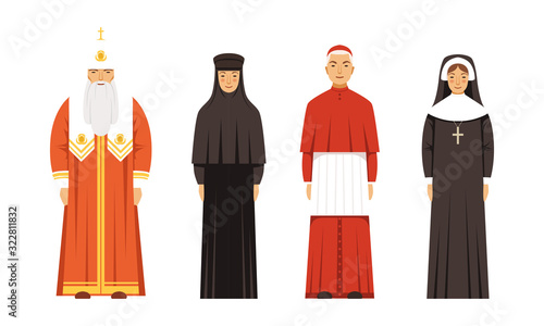 Religion People Characters in Traditional Clothes Collection, Orthodox Patriarch, Catholic Cardinal and Nuns Vector Illustration