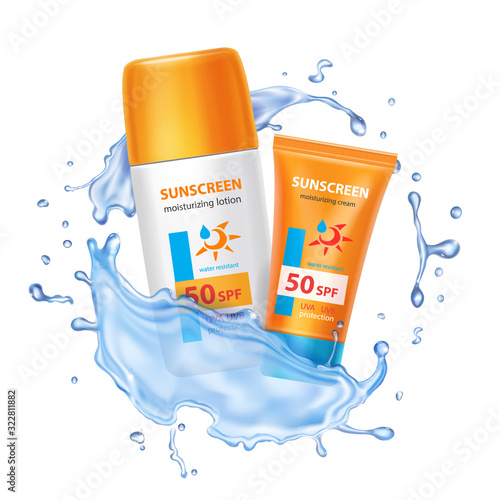 Tubes for sunscreen cream in water splash realistic isolated Advertising for skincare lotion in 3d containers.