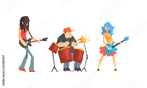 Musicians People Set, Guitarist, Singer, Drummer Characters Playing on Music Instruments and Singing Vector Illustration