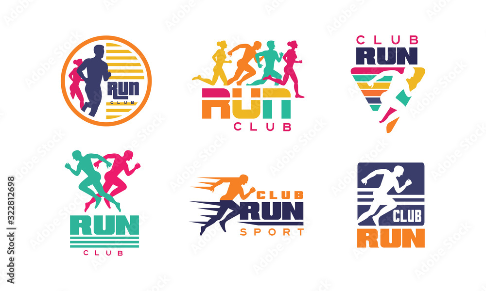 Run Club Logo Templates Collection, Tournament, Marathon, Sport Organization Colorful Badges Vector Illustration