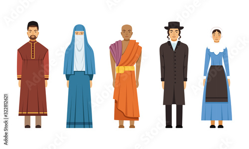 Religion People Characters in Traditional Clothes Collection, Catholic Priest and Clergyman, Mormon, Mennonite or Amich Women, Shinto Priest Vector Illustration