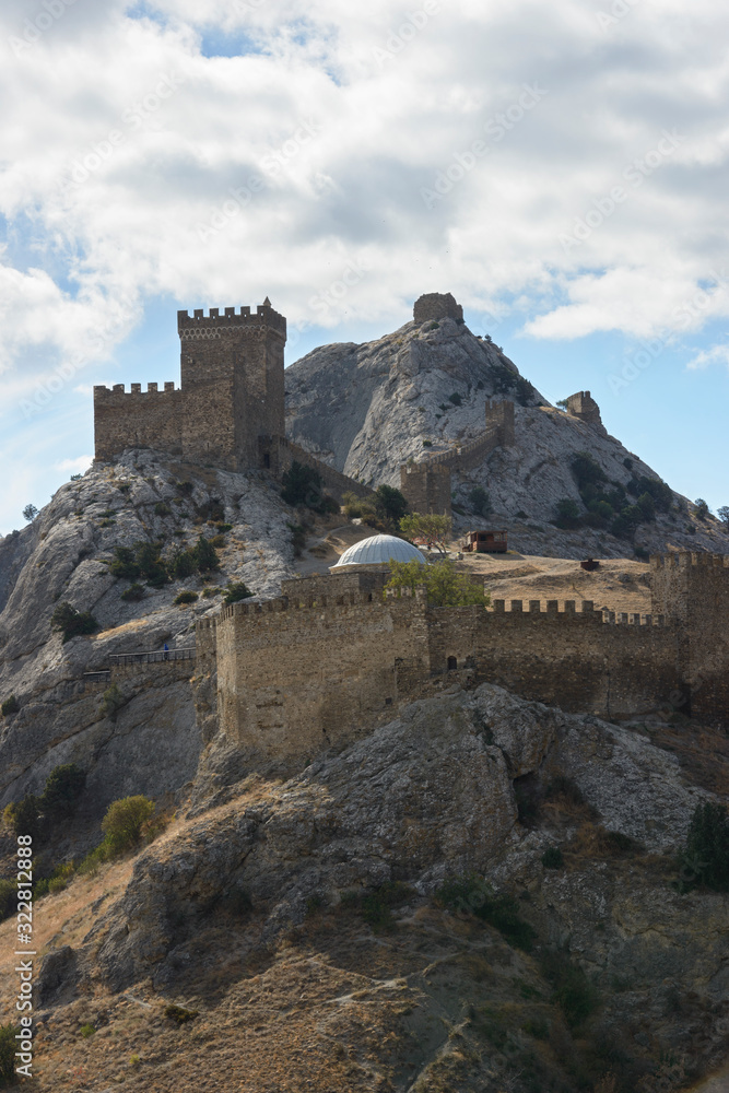 Impressive view towards Genoese fortress in Sudak, Crimea, Russia.