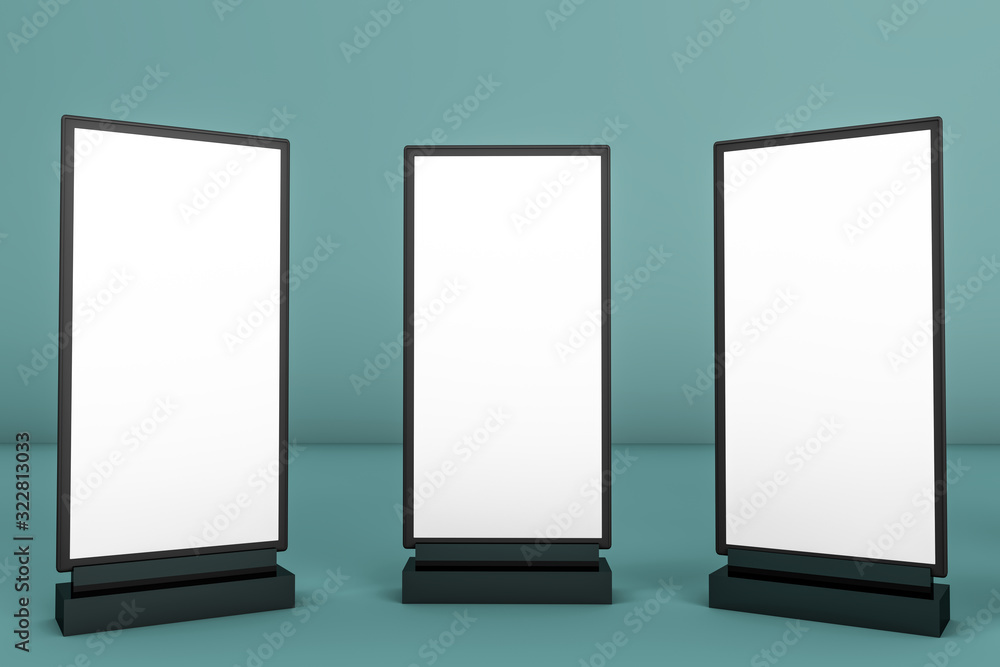 3d rendering of trade and retail concepts. Empty advertising billboard.Totem light box. Commercial outside baner for ad. Front, left and right side views of empty street banner. 3d rendering of trade and retail concepts. Empty advertising billboard.Totem light box. Commercial outside baner for ad. Front, left and right side views of empty street banner.