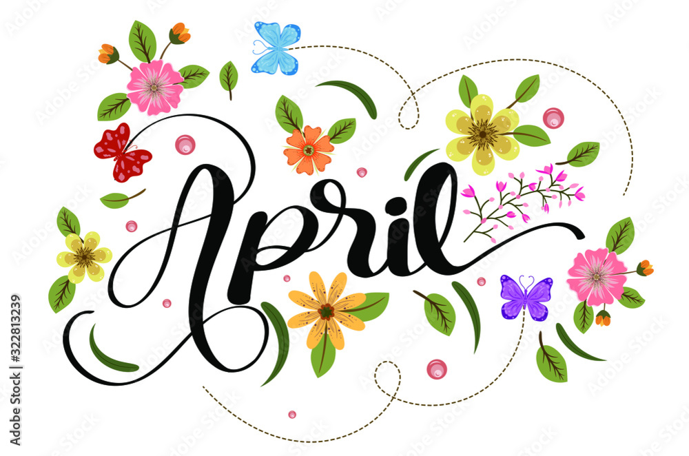 Hello april with flowers and leaves. Illustration april month - obrazy, fototapety, plakaty 