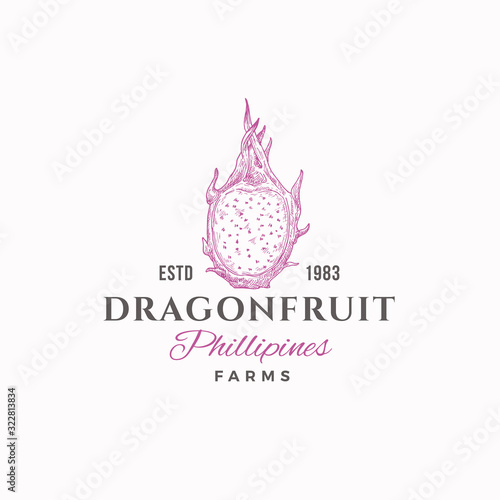 Dragon Fruit Farms Abstract Vector Sign, Symbol or Logo Template. Hand Drawn Sketch Dragonfruit with Retro Typography. Vintage Luxury Emblem.