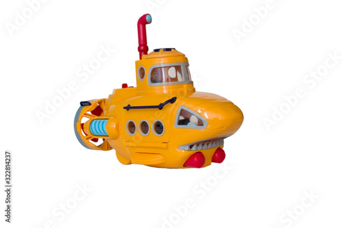  Toy yellow submarine on a white background