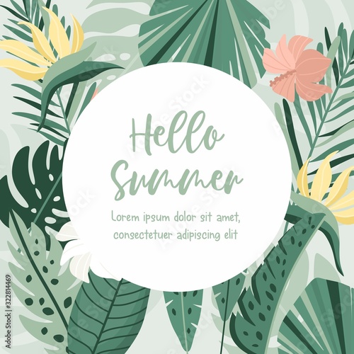 Hello Summer tropical frame. Vector jungle illustration. Greenery, palm leaves, banana leaf, hibiscus, plumeria flowers. Place for your text.