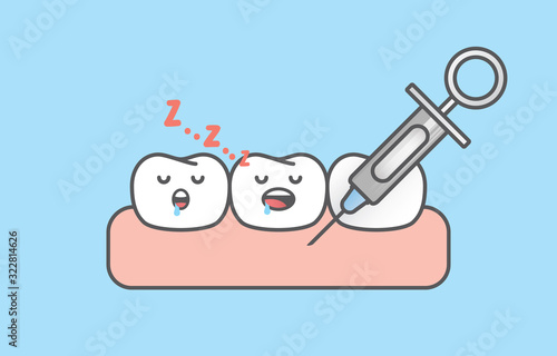 Dental anesthesia,teeth cartoon sleeping when a syringe injecting to gums illustration cartoon character vector design on blue background.  Dental care concept.