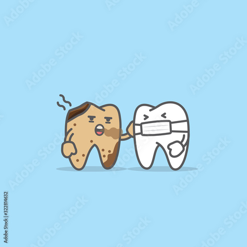 Dental cartoon of Decay tooth dirty and smelly talking with clean tooth that wearing a mask illustration cartoon character vector design on blue background.  Dental care concept.