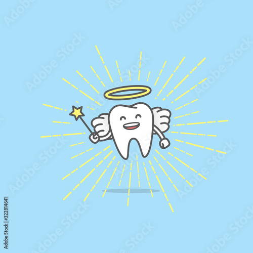 Dental cartoon of Angel tooth smiling and holding a scepter on light radius line illustration cartoon character vector design on blue background.  Dental care concept.
