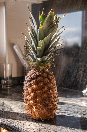 Pineapple placed on a gray and white kitchen