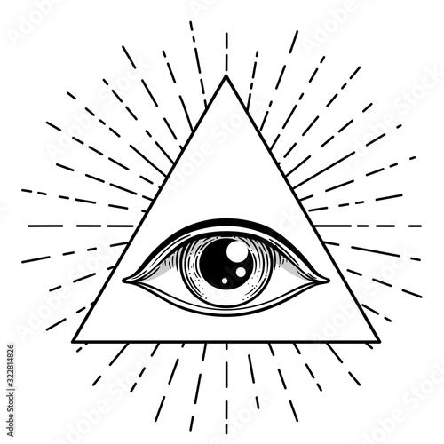 Blackwork tattoo flash. Eye of Providence. Masonic symbol. All seeing eye inside triangle pyramid. New World Order. Sacred geometry, religion, spirituality, occultism. Isolated vector illustration