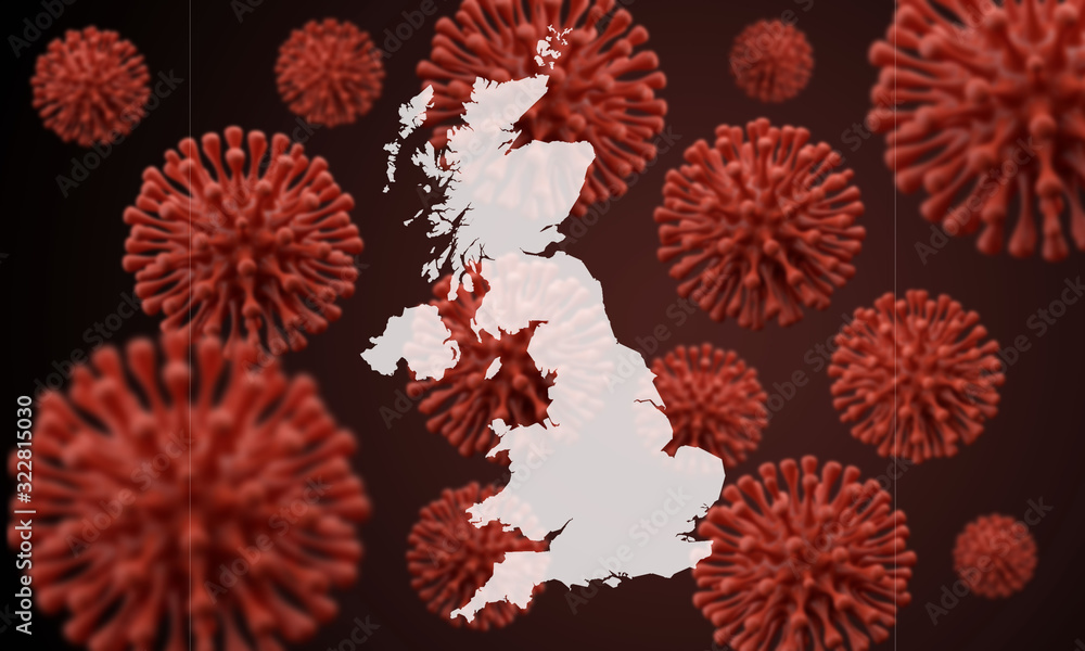 UK map over a scientific virus microbe background. 3D Rendering UK map over a scientific virus microbe background. 3D Rendering