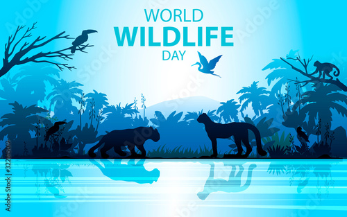 Vector stock World Wildlife Day banner. Rainforest landscape in blue colors with leopard, money, palm, toucan and river. Jungle concept for ecological and environmental projects, advertisements,flyers