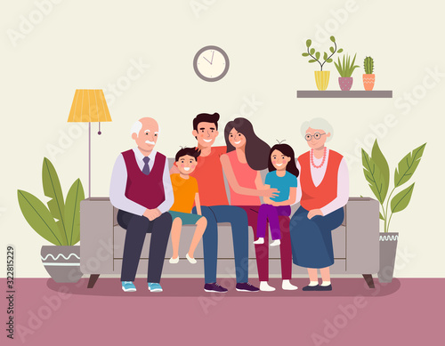 Smiling young parents, grandparents and their children on sofa in the living room. Vector flat illustration
