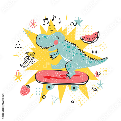 Summer T-shirt print design for kids fashion with Cute Dinosaur. Hand drawn doodle Dinosaur Skater. Cartoon Animal vector illustration