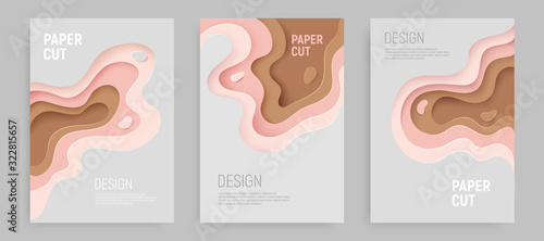 Paper cut banner set with 3D slime abstract background and pink, gray brown waves layers. Abstract layout design for brochure and flyer. Paper art vector illustration