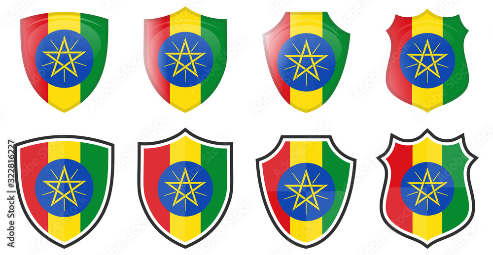 Vertical Ethiopia flag in shield shape, four 3d and simple versions. Ethiopian icon / sign Vertical Ethiopia flag in shield shape, four 3d and simple versions. Ethiopian icon / sign