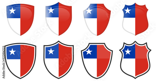 Vertical Chile flag in shield shape, four 3d and simple versions. Chilean icon / sign